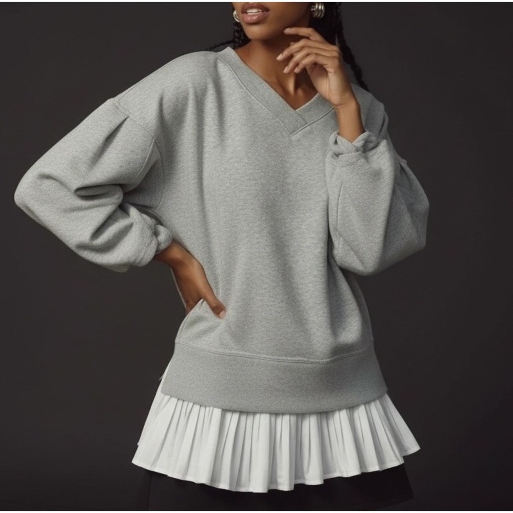 Womens S MAEVE Anthropologie Gray V-Neck Twofer Pullover Sweatshirt White Boho